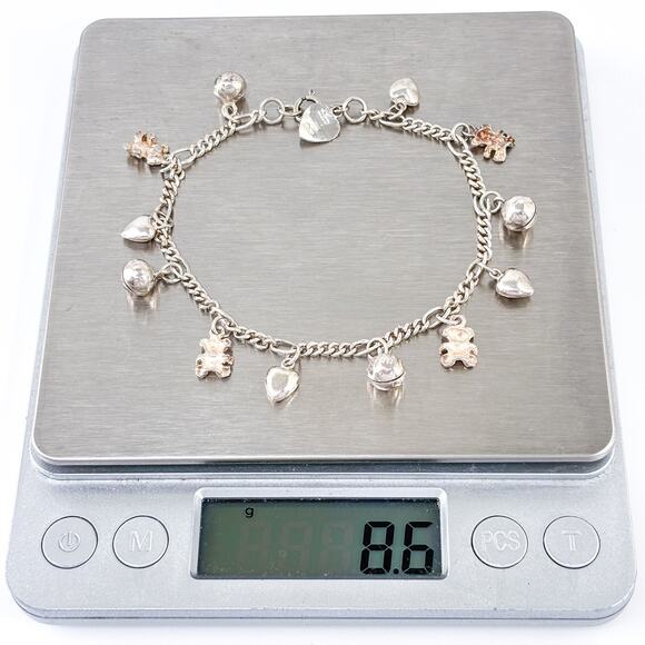Vintage Sterling Silver Charm Bracelet | Hearts, Bells & Teddy Bears | 7” - Picture 6 of 6
